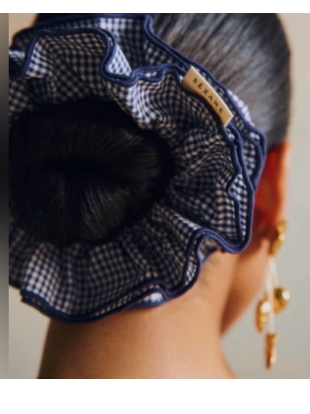 NWB / Sezane Oversized Navy Checkered Ruffle Scrunchie in Navy Gingham